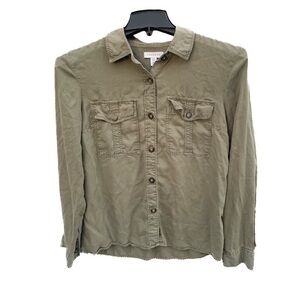 Topshop Green Button Down Shirt Lagenlook Granola Hiking Outdoor Sz 8